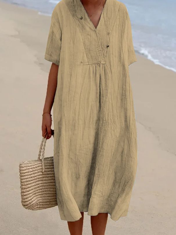 Women's Solid Color Cotton And Linen Dress Casual Comfortable Maxi Summer Gown For Ladies_ecoleips.com