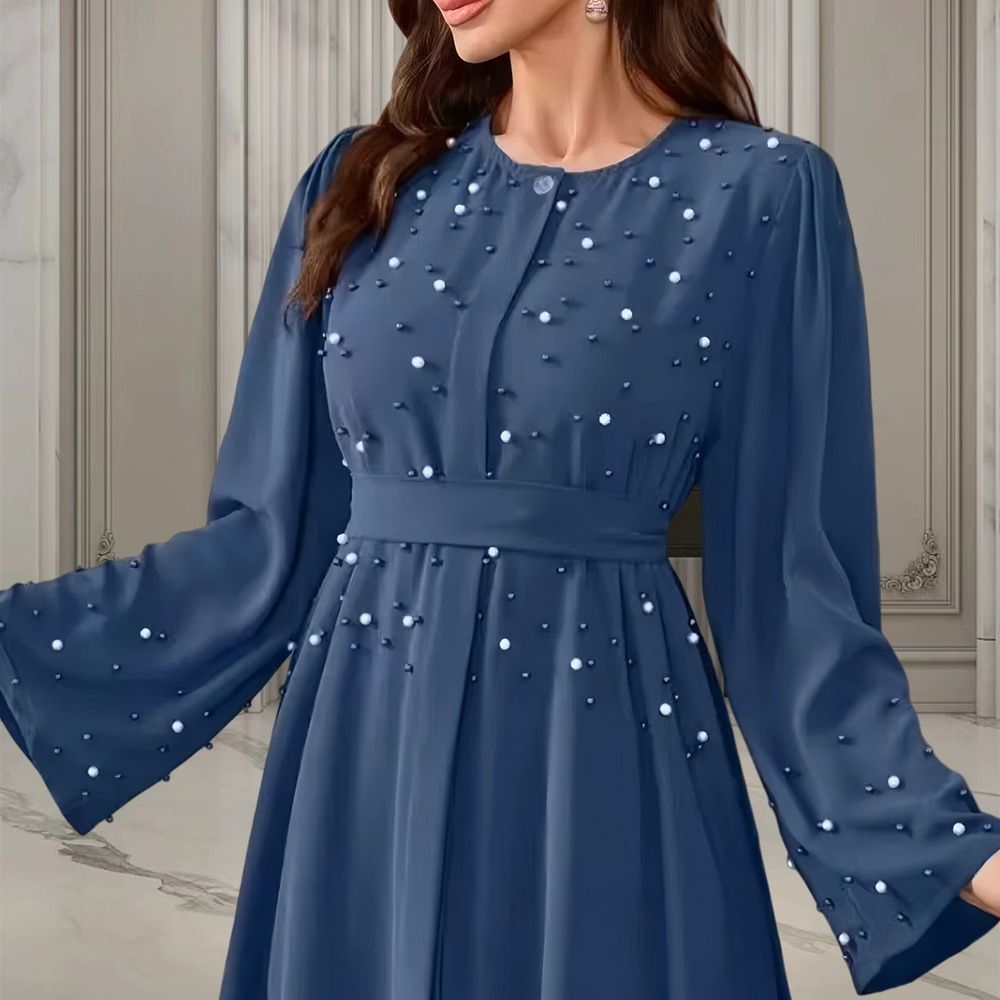 Women's Clothing Middle East Dubai Dubai-Inspired 2025 Fall Collection – Beaded Cuff & Belted Midi Dress With Modest Fit (S-XL, 7 Colors)_ecoleips.com