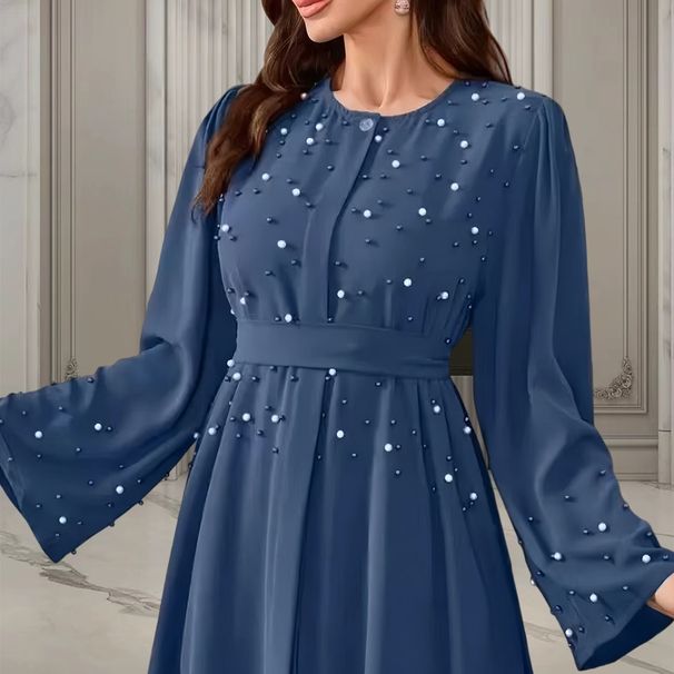 Women's Clothing Middle East Dubai Dubai-Inspired 2025 Fall Collection – Beaded Cuff & Belted Midi Dress With Modest Fit (S-XL, 7 Colors)_ecoleips.com