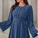 Women's Clothing Middle East Dubai Dubai-Inspired 2025 Fall Collection – Beaded Cuff & Belted Midi Dress With Modest Fit (S-XL, 7 Colors)_ecoleips.com