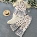 Women's Clothing Retro Ethnic Print Women's Two Piece Set Elegant Autumn Puff Sleeve Collar Top With Slim Wide Leg Pants_ecoleips.com