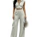 Women's Clothing Spring Summer Two Piece Set Collared Zip Up Cropped Sleeveless Top Elastic Waist Cargo Pants_ecoleips.com