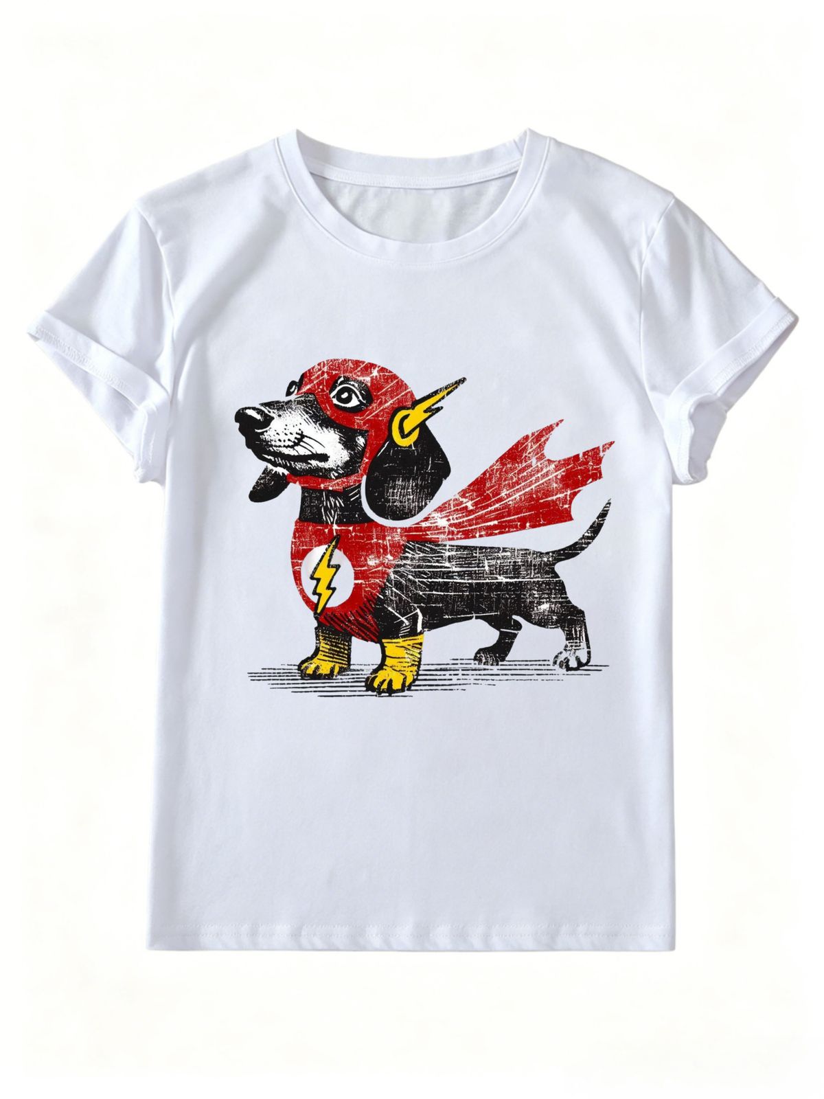 Women Crew Neck Short Sleeve T-Shirt Retro Distressed Superhero Dachshund Lightning Graphic Casual Summer Basic Top For Ladies_ecoleips.com