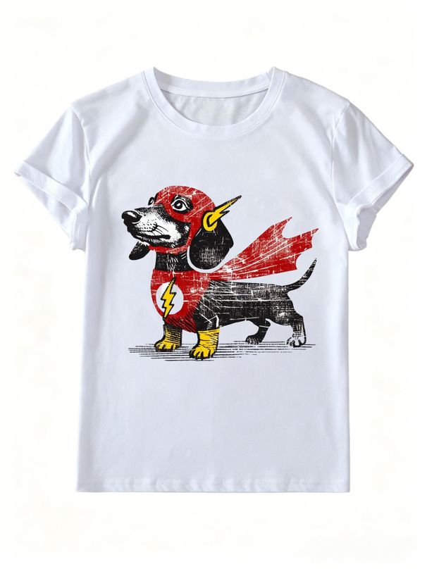 Women Crew Neck Short Sleeve T-Shirt Retro Distressed Superhero Dachshund Lightning Graphic Casual Summer Basic Top For Ladies_ecoleips.com