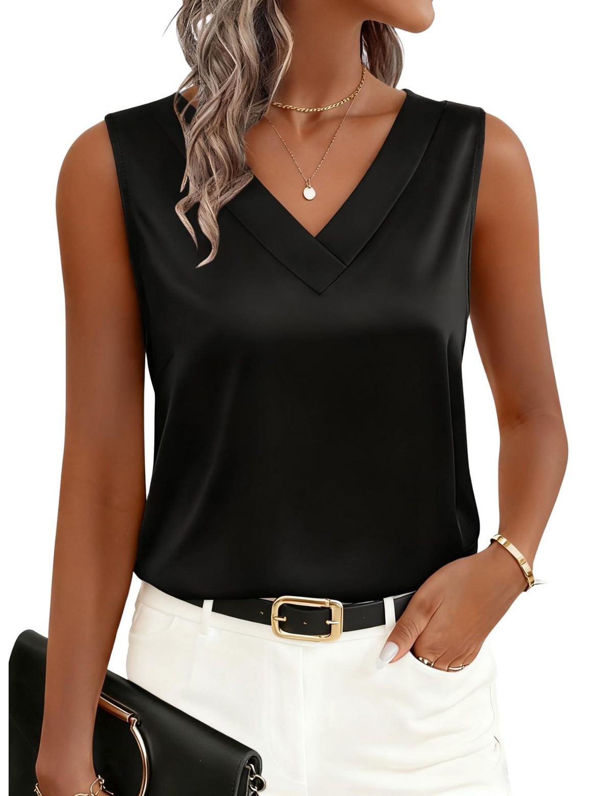 Women's Clothing Satin Camisole Top - Elegant V-Neck Sleeveless Blouse For Casual Wear_ecoleips.com