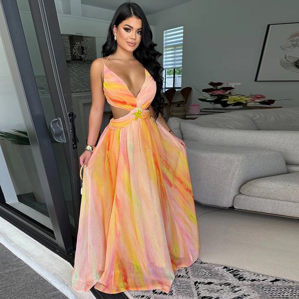 Women's Clothing Sleeveless V Neck Printed Swing Skirt For Women Fashion Sexy Dress Long Skirt_ecoleips.com