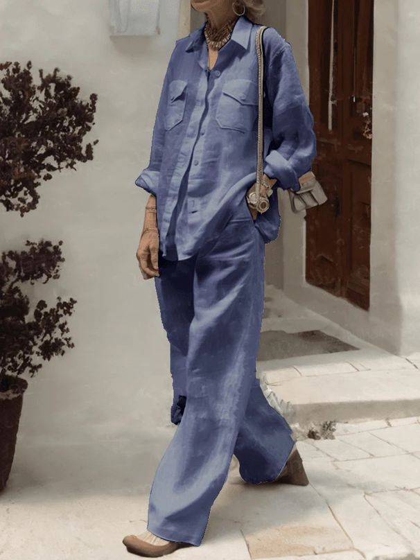 Women's Casual Cotton Linen Blend Shirt And Pants Set Long Sleeve Relaxed Fit Available in White Pink Olive Brick Red Navy Royal Blue Sizes S-5XL_ecoleips.com