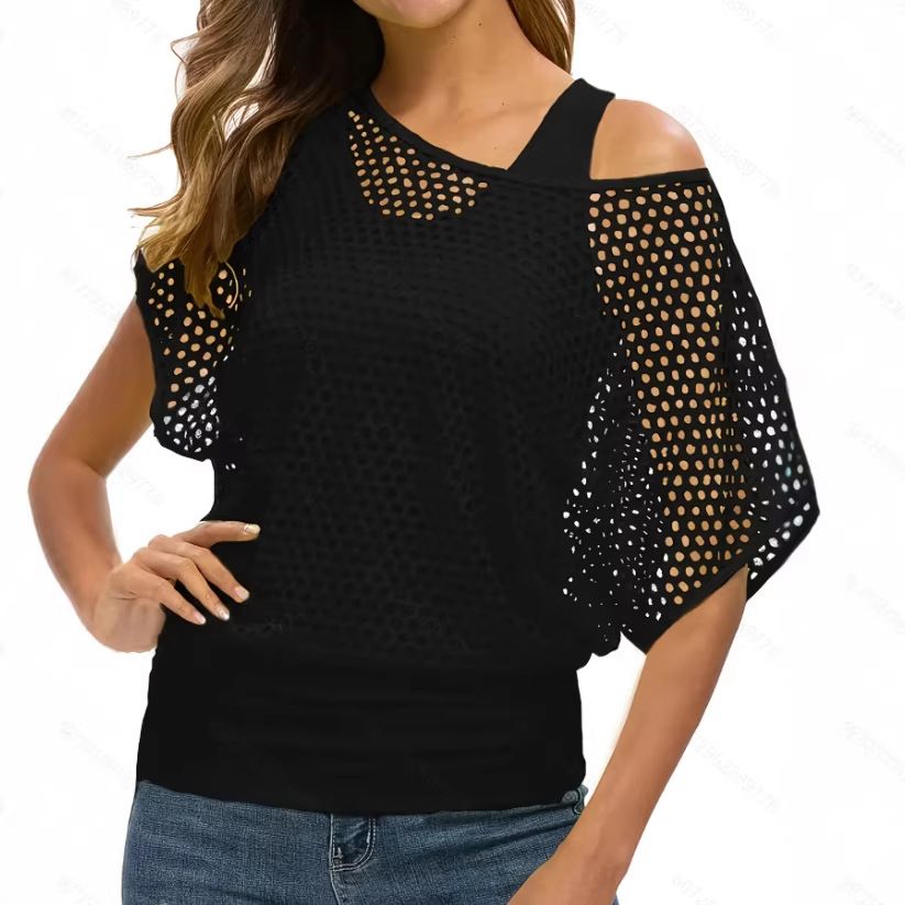 Women's Spring Summer Casual Solid Color Retro Fishnet T-Shirt And Vest Set Hollow Out Design Two Piece Set_ecoleips.com