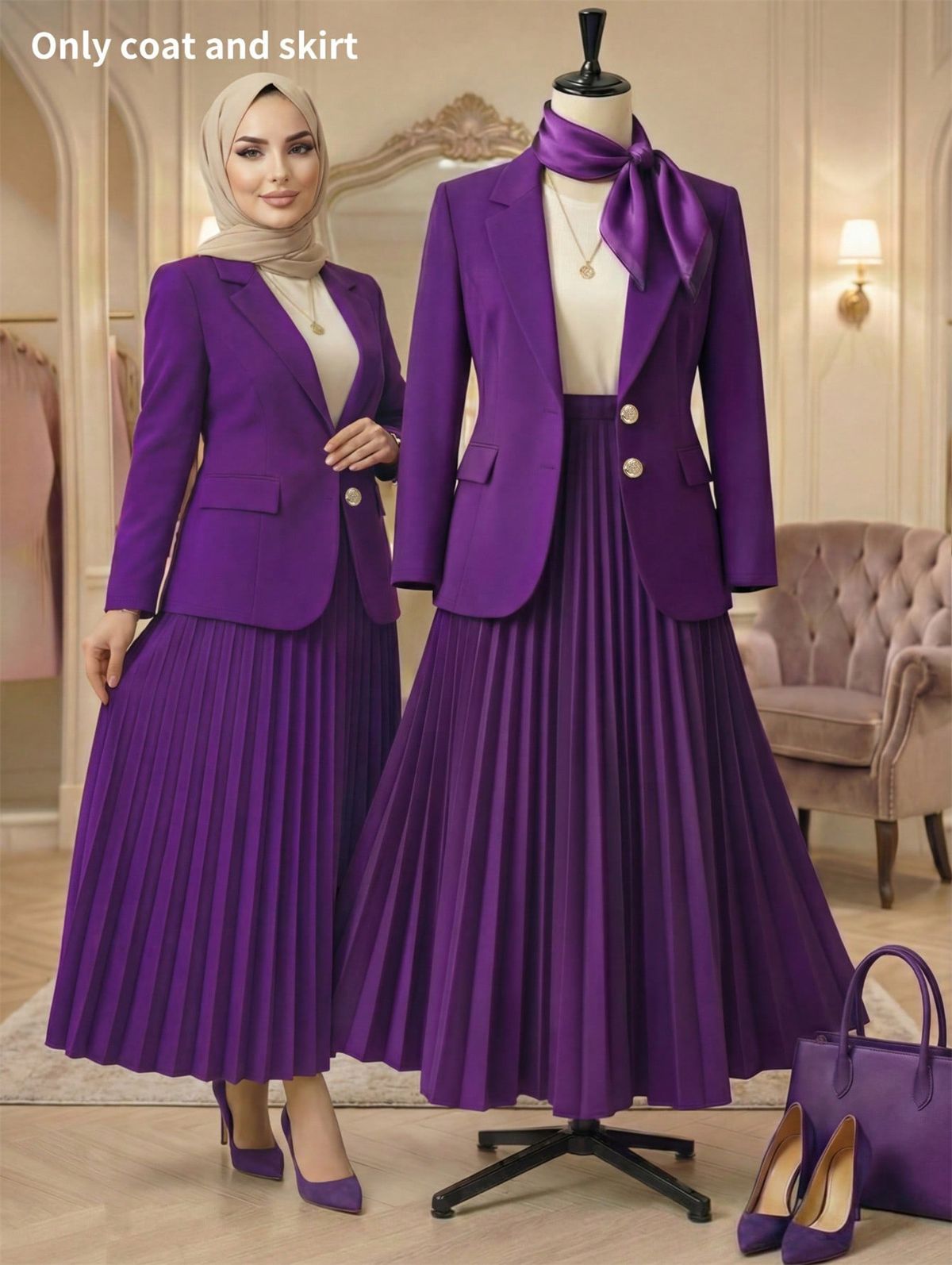 Plus Size Women's Elegant Solid Color Cardigan Jacket And Pleated Straight Long Skirt Set European American Style Loose Fit_ecoleips.com