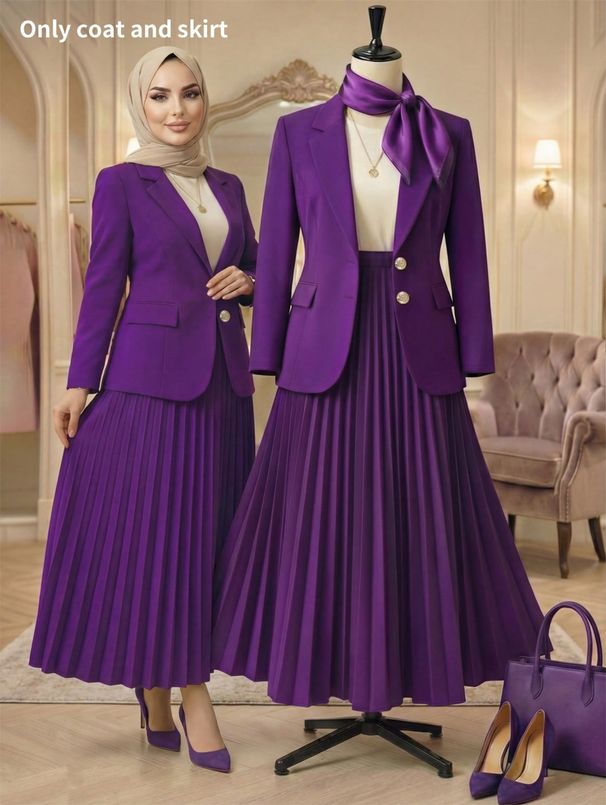 Plus Size Women's Elegant Solid Color Cardigan Jacket And Pleated Straight Long Skirt Set European American Style Loose Fit_ecoleips.com