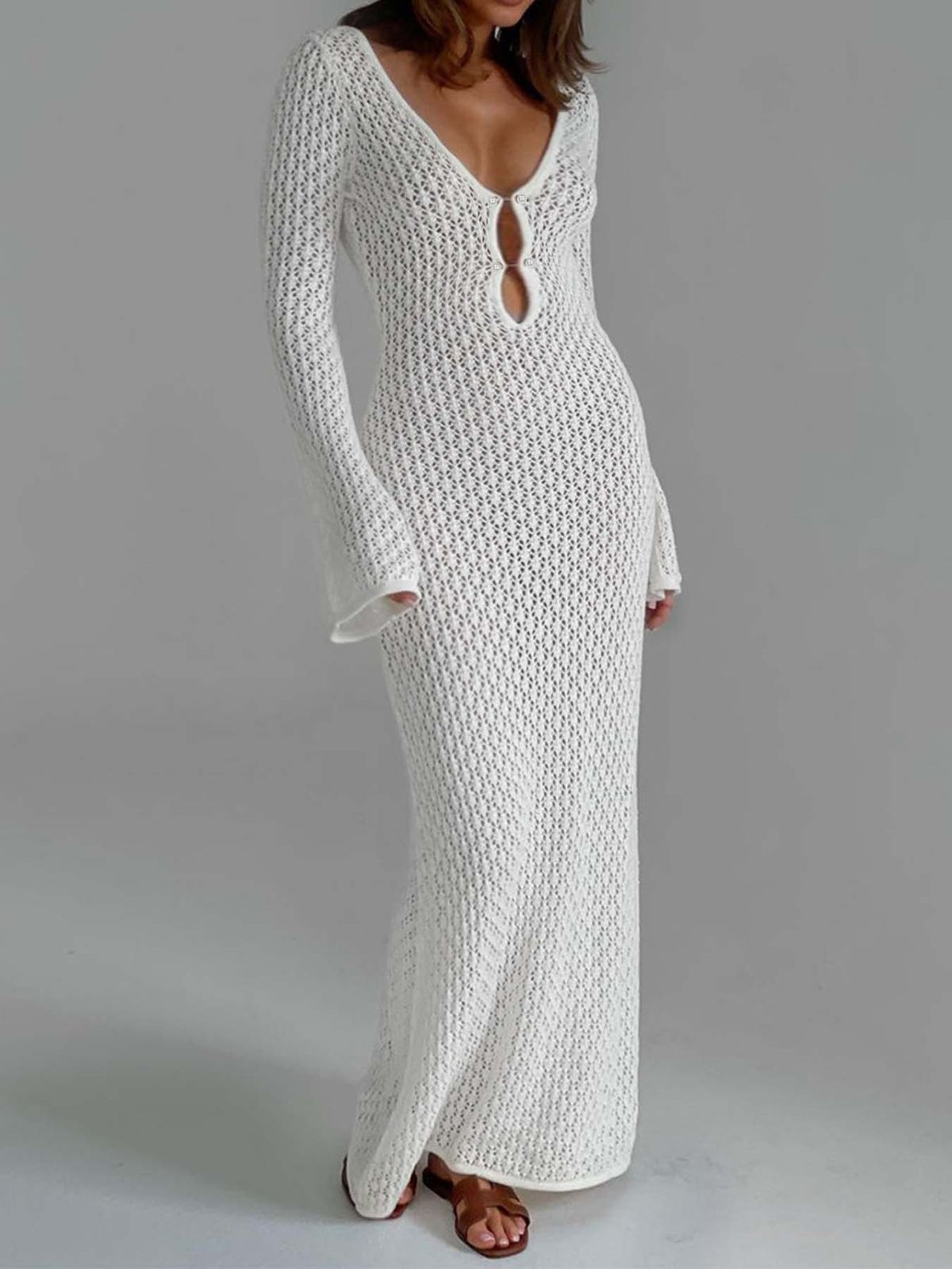 Women's Sexy Deep V Knit Hollow Out Beach Cover Up Maxi Dress – Summer Bikini Swimsuit Cover 2026_ecoleips.com