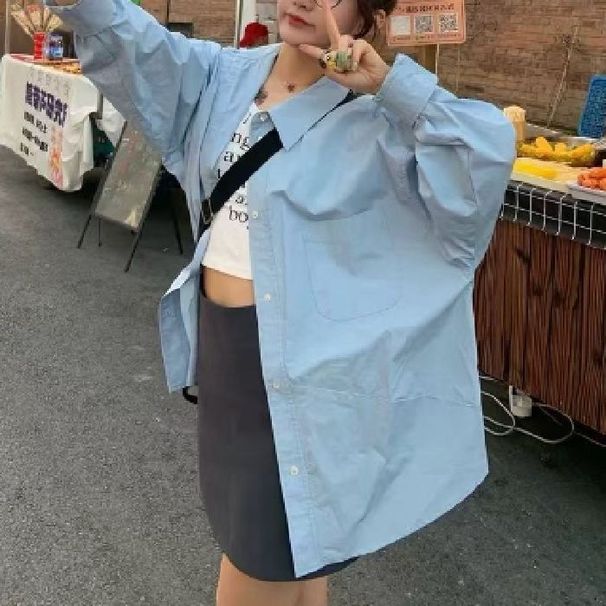 100% Washable Pure Cotton Long-Sleeve Solid Color Shirt For Women, Loose Cardigan Jacket, Foreign Trade In-Stock_ecoleips.com