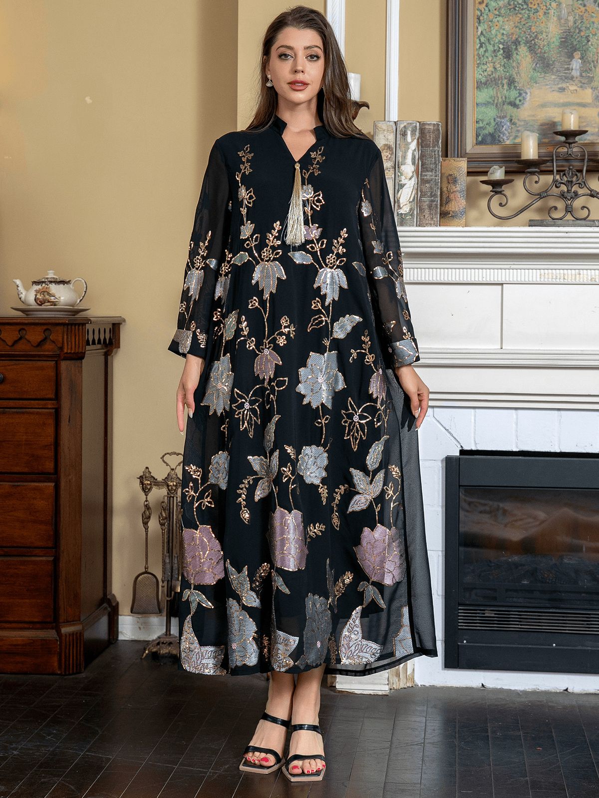 ZD018ins Muslim Robe With Sequin Embroidery, Women's Tassel Dubai Dress, Arabic Ethnic Style_ecoleips.com