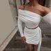 2025 Autumn New French Style Women's Clothing Asymmetrical Shoulder Long Sleeve Top Slim Fit Ruched Ribbon Bodycon Short_ecoleips.com