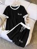 Summer Women's Coconut Tree Letter Print Short Sleeve Crew Neck T-Shirt And Interlocking Shorts Set 8010 Print_ecoleips.com