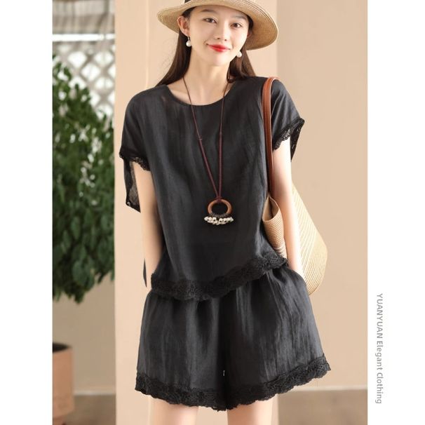 Women's European Style High End Cotton Linen Casual Sports Fashion Summer Two Piece Set Loose T-Shirt And Wide Leg Shorts_ecoleips.com
