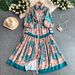 French Court-Style Vintage Floral Dress – Puff Sleeves, Button-Down Front, Wrap Waist With Ties, Pleated Maxi Dress For Women, Elegant & Timeless_ecoleips.com