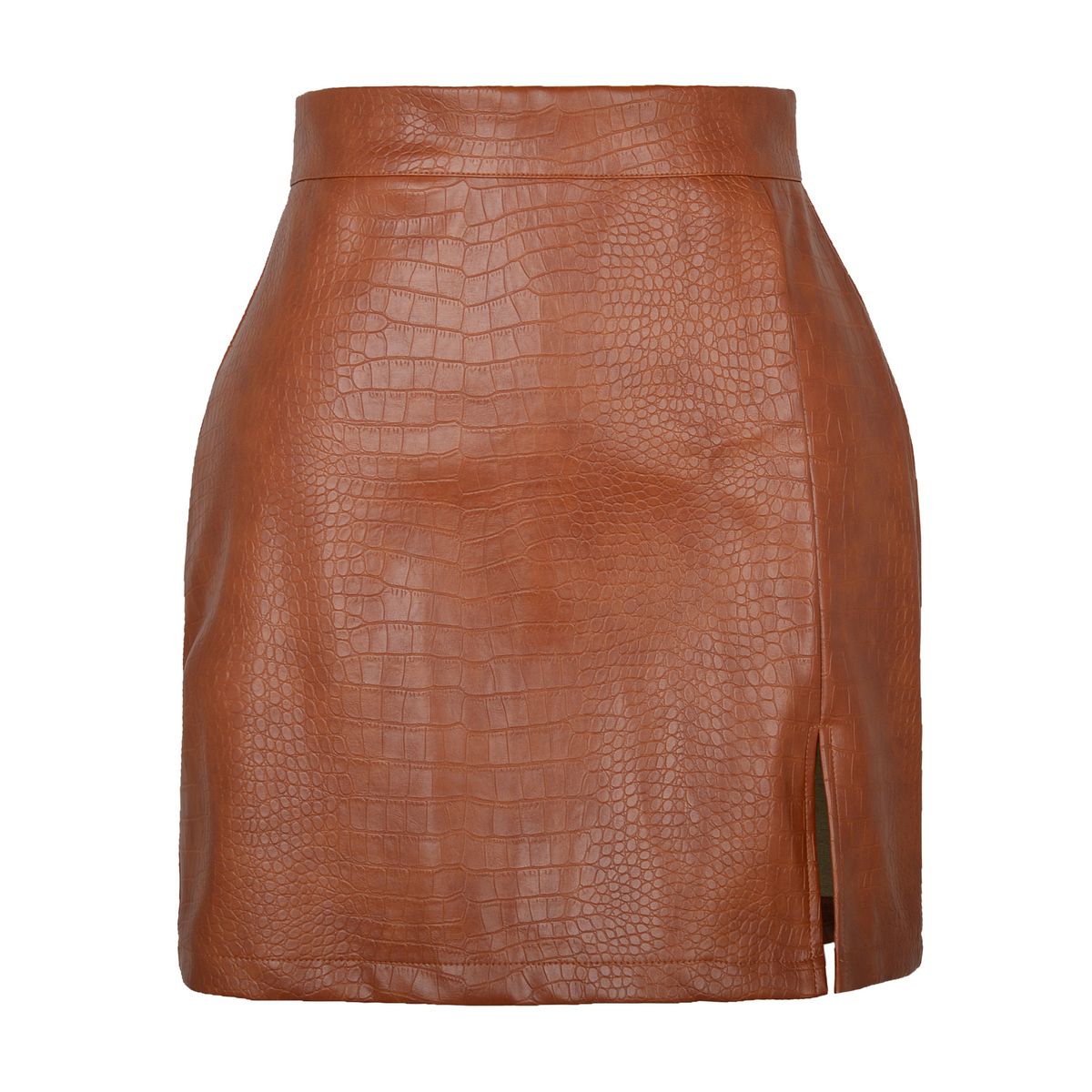 Verve 2025 Fashion Crocodile Pattern Split PU Leather Zipper Short Sexy High Waist A-line Solid Color Bodycon Skirt Women's_ecoleips.com