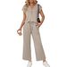 Women's Casual V-Neck Button-Down Short Sleeve Top With Wide-Leg Cropped Pants Set - Comfortable Loungewear & Office Wear Outfit_ecoleips.com