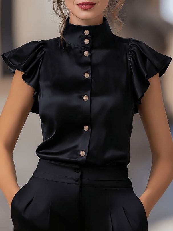 Women's Clothing Satin Stand Collar Ruffle Sleeve Shirt Women's Clothing Versatile Office Commuting Top Style_ecoleips.com
