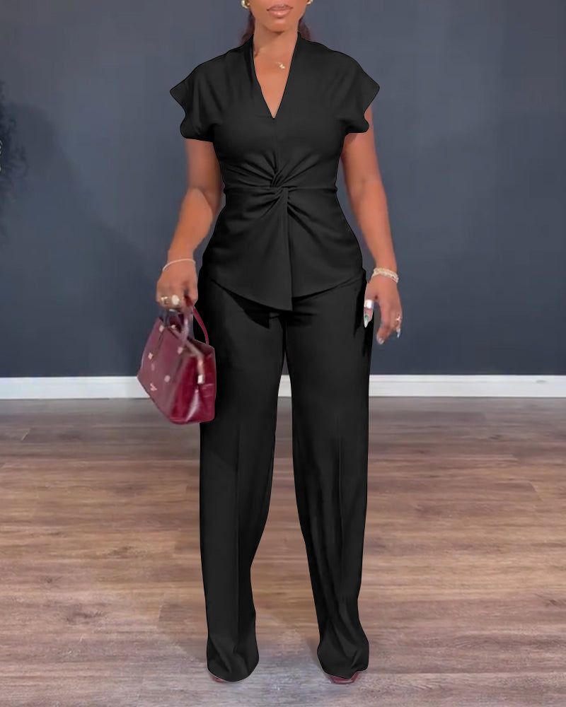 Summer Fashion Women's Set V Neck Knotted Short Sleeve Top And Wide Leg Pants European And American Style Two Pieces Cross Border_ecoleips.com
