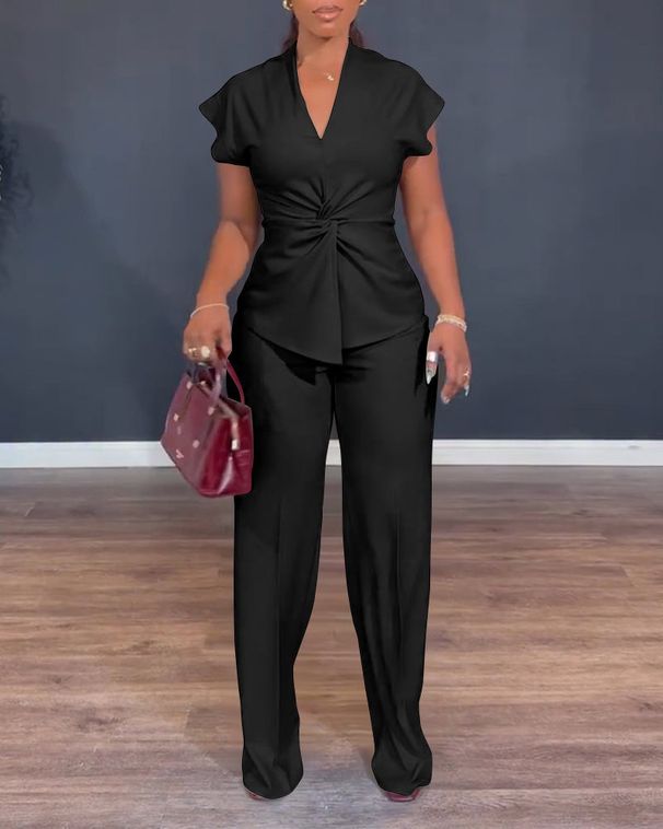 Summer Fashion Women's Set V Neck Knotted Short Sleeve Top And Wide Leg Pants European And American Style Two Pieces Cross Border_ecoleips.com