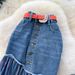 Korean Style Contrast-Color Denim A-Line Skirt – High Waisted Stretch Midi Skirt With Stripe Accents, Slimming Office & Casual Wear_ecoleips.com