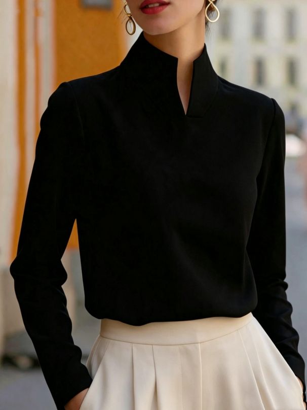 Women's Stand Collar Long Sleeve Shirt Niche Commuter Friendly Top Relaxed Everyday Wear Comfortable Feshion_ecoleips.com