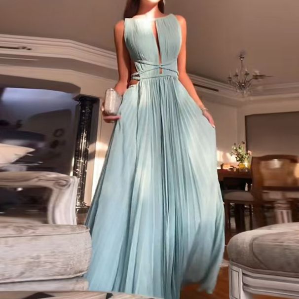 Sexy Hollow Out Backless Swing Beach Dress Spring Summer Sleeveless Solid Party Dress Women O-neck High Waist Pleated Long Dress_ecoleips.com
