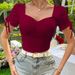 Voya Women's Square Neck Short Sleeved Burgundy T-shirt With Sweet Summer Style And Fashionable Slim Fit Short Top For Women_ecoleips.com