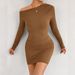 Women's Asymmetrical Neck Off-Shoulder Bodycon Skirt Dress Long Sleeve Pleated Casual Fashion Sexy Gown European American Style_ecoleips.com