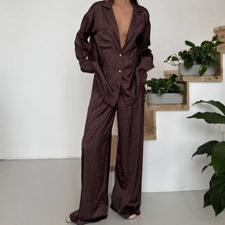 Brown Satin Comfortable Skin-Friendly Printed Long-Sleeve Long-Pants Pajama Set European And American Autumn New_ecoleips.com