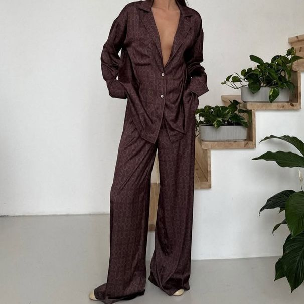 Brown Satin Comfortable Skin-Friendly Printed Long-Sleeve Long-Pants Pajama Set European And American Autumn New_ecoleips.com