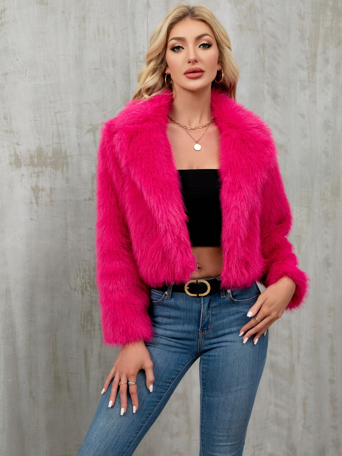 Women's Clothing Women's Faux Fur Short Jacket With Notched Lapel - Elegant Winter Coat For Office & Casual Wear_ecoleips.com