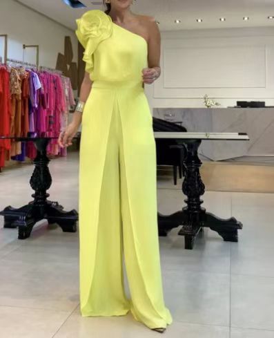 Women's Clothing Flower Fashion Oblique Shoulder Wide Leg Jumpsuit_ecoleips.com