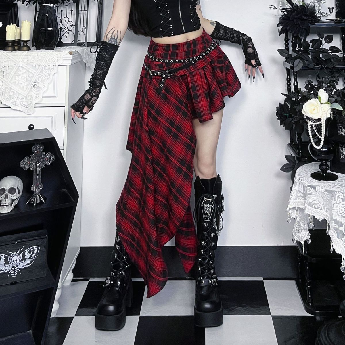Irregular Plaid Midi Skirt CF25323 Slim Fit Bodycon Dark Style European American Chic Sexy Versatile Women's Bottoms_ecoleips.com
