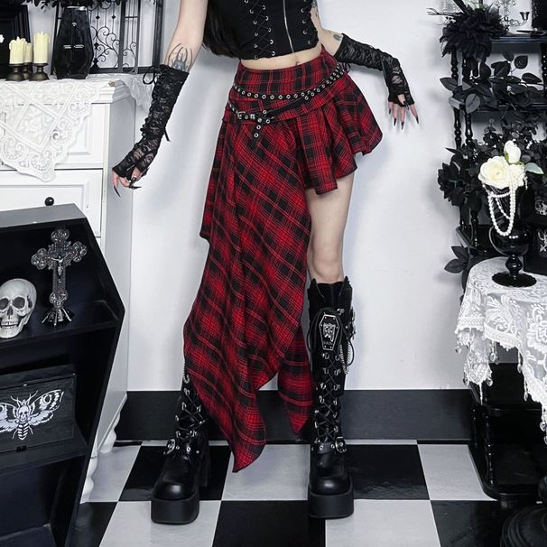 Irregular Plaid Midi Skirt CF25323 Slim Fit Bodycon Dark Style European American Chic Sexy Versatile Women's Bottoms_ecoleips.com