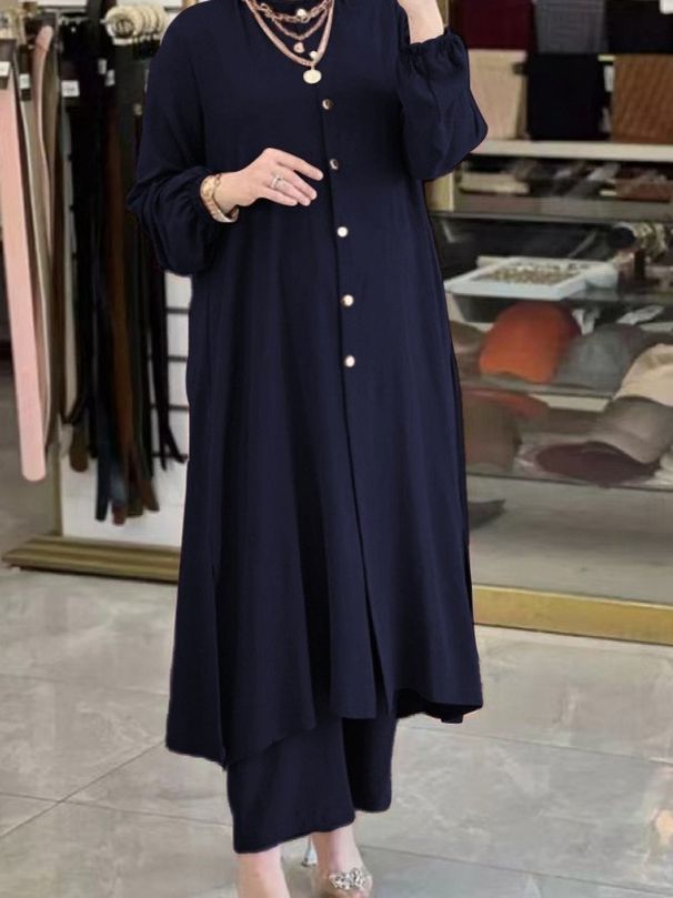 Women's Ice Silk Solid Color Split Stand Collar Shirt And Trousers Set Cross Border Factory New Loose Clothing_ecoleips.com