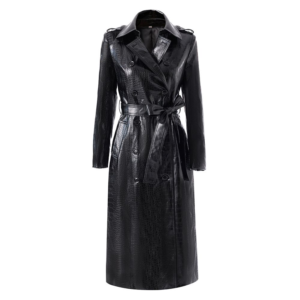 New Women's Trendy PU Leather Long Coat Double Breasted Belted Waist Trench Coat In Stock_ecoleips.com