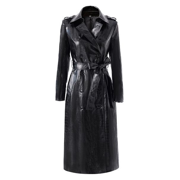 New Women's Trendy PU Leather Long Coat Double Breasted Belted Waist Trench Coat In Stock_ecoleips.com