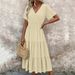 Women's V Neck Puff Sleeve Plush Dress Ruffled Short Sleeved Style Fashion Bestseller_ecoleips.com