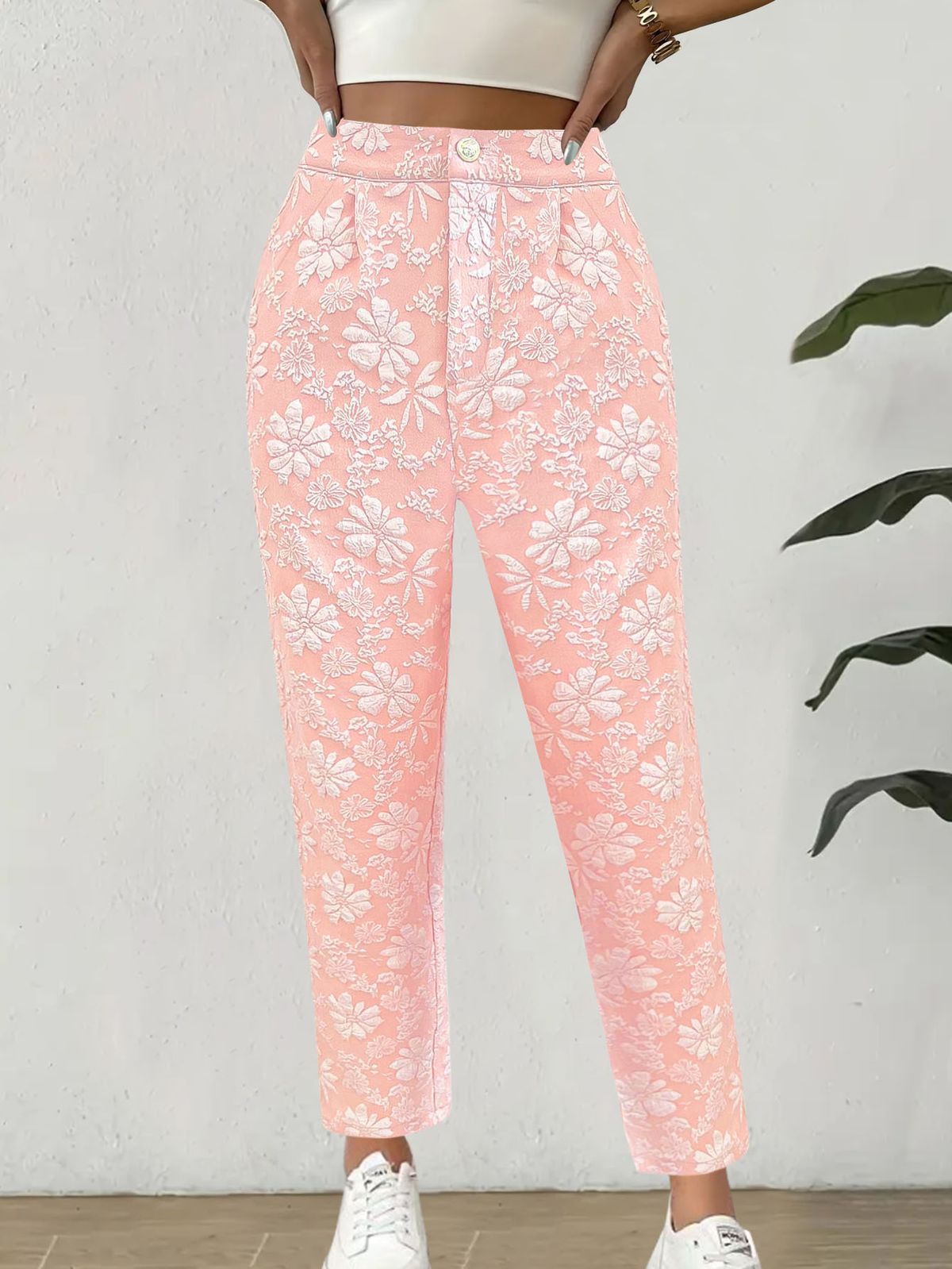 Women's Clothing Women's Jacquard Floral Straight Pants Summer Fashion Casual Pocket High Waist Casual Pants_ecoleips.com
