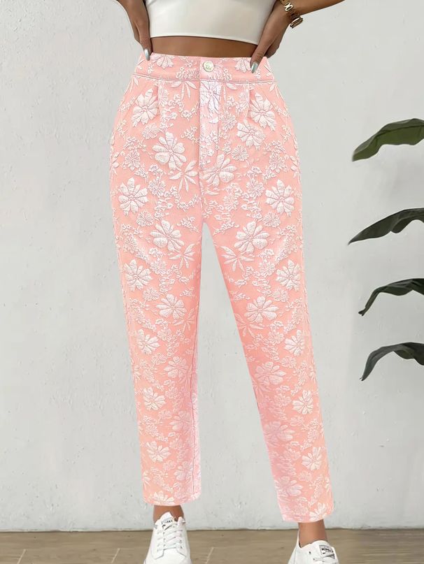 Women's Clothing Women's Jacquard Floral Straight Pants Summer Fashion Casual Pocket High Waist Casual Pants_ecoleips.com