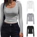 Women's Slim Fit Ribbed T-Shirt Base Layer Top Long Sleeve Low Neck Round Neck Large U Neck Spring_ecoleips.com