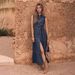 Blue Sleeveless Long Dress For Women Waist Tie Design Faux Denim Single Breasted Multi Button_ecoleips.com