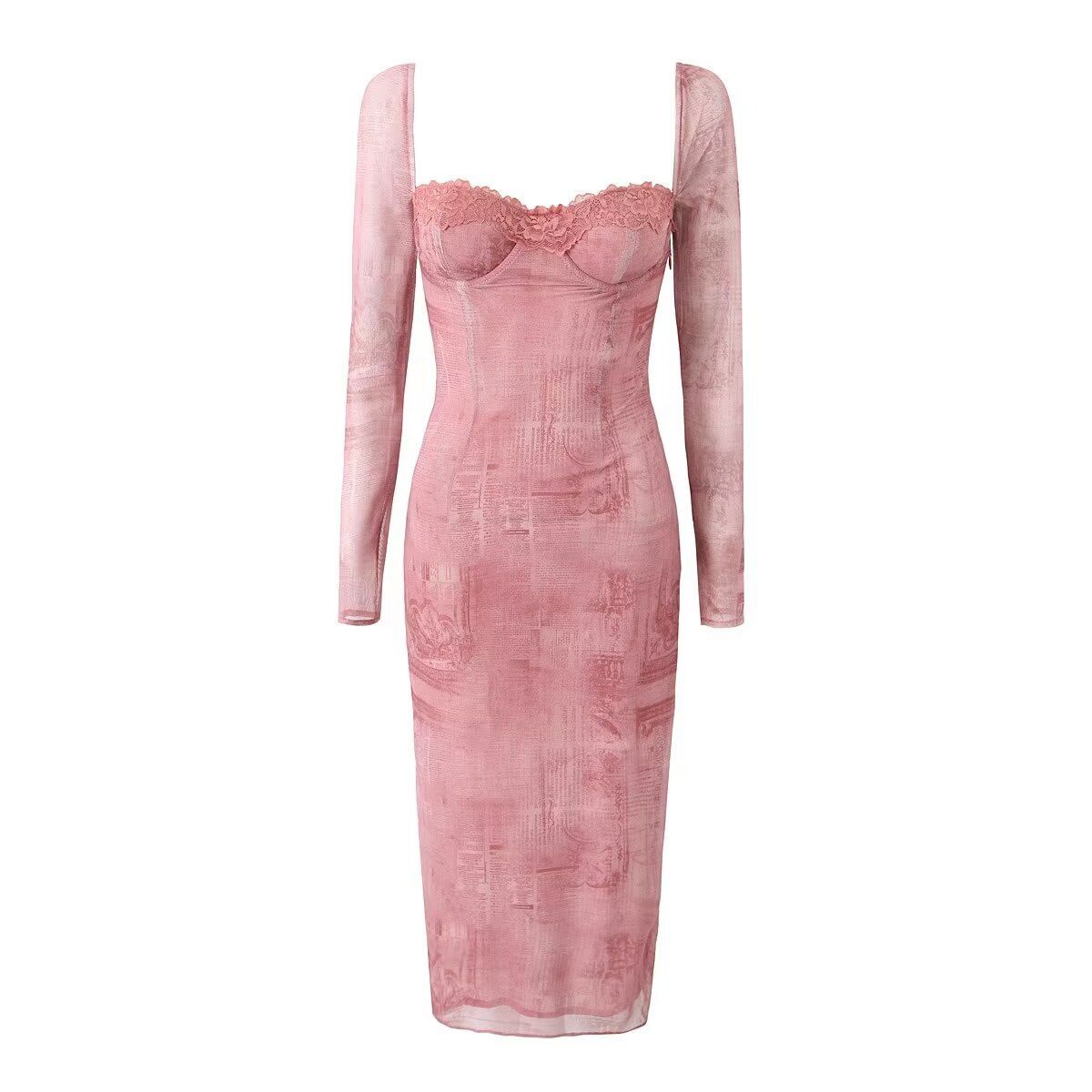 European And American Style Square-neck Backless Long-sleeve Mesh Printed Sexy Tight-fitting Bodycon Midi Dress, Autumn_ecoleips.com