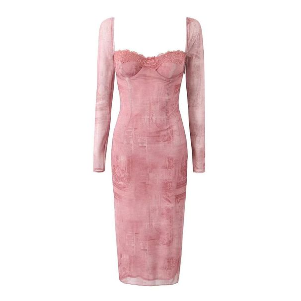 European And American Style Square-neck Backless Long-sleeve Mesh Printed Sexy Tight-fitting Bodycon Midi Dress, Autumn_ecoleips.com