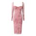 European And American Style Square-neck Backless Long-sleeve Mesh Printed Sexy Tight-fitting Bodycon Midi Dress, Autumn_ecoleips.com
