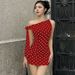 Women's Polka Dot Print Off-Shoulder Bodycon Dress Slim Fit Tie Waist Spring Summer Fashion Sexy_ecoleips.com