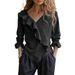 New Women's Solid Color V-neck Long Sleeve Casual Loose Ruffled Cotton And Linen Top_ecoleips.com